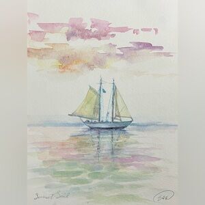 Sailboat original painting watercolor art boating sunset ocean calm Artettina